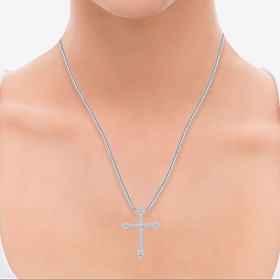 (H / Si2) Womens 1 CT. T.W. Lab Grown White Diamond 10K Gold Cross 18 Inch Pendant Necklace