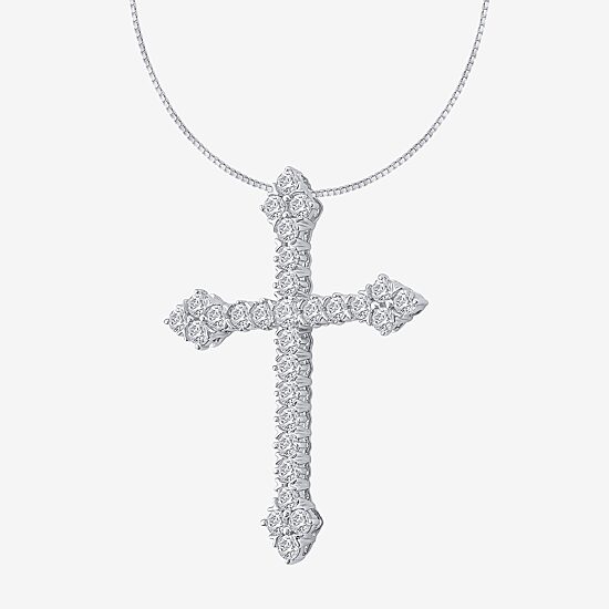(H / Si2) Womens 1 CT. T.W. Lab Grown White Diamond 10K Gold Cross 18 Inch Pendant Necklace