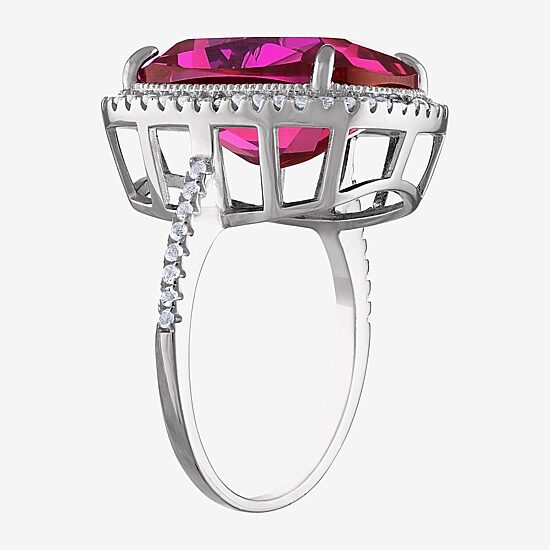 Womens Lab Created Pink Sapphire Sterling Silver Cushion Halo Cocktail Ring