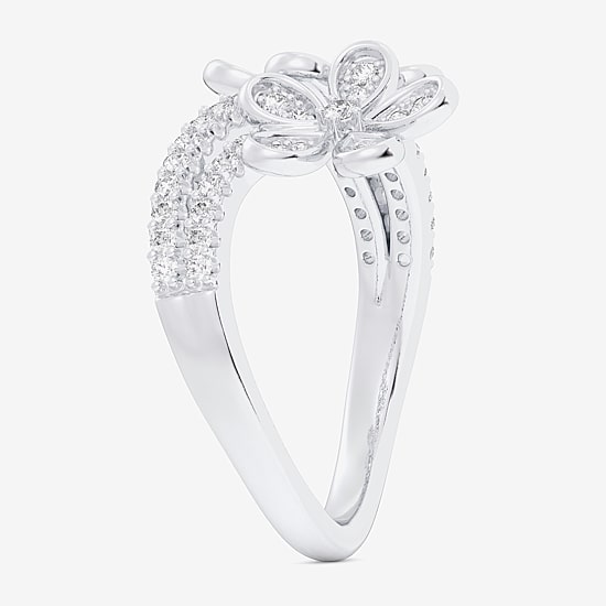 (G-H / Si1-Si2) Womens 1/3 CT. T.W. Lab Grown White Diamond 10K Gold Flower Bypass  Cocktail Ring