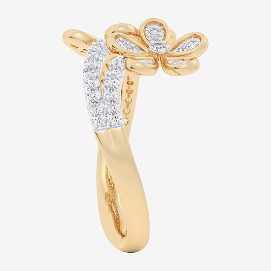 (G-H / Si1-Si2) Womens 1/3 CT. T.W. Lab Grown White Diamond 10K Gold Flower Bypass  Cocktail Ring