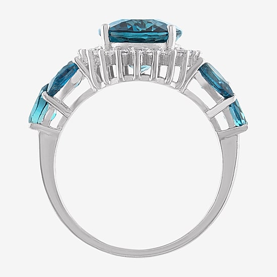 Womens Genuine Blue Topaz Sterling Silver Oval Halo Cocktail Ring