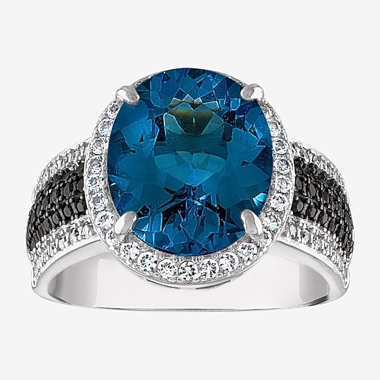 Womens Genuine Blue Topaz Sterling Silver Oval Halo Cocktail Ring
