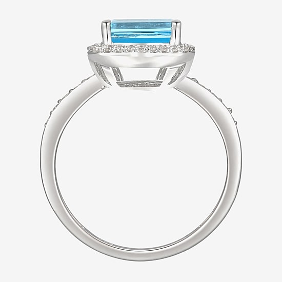 Womens Genuine Blue Topaz Sterling Silver Halo Side Stone Cocktail Ring