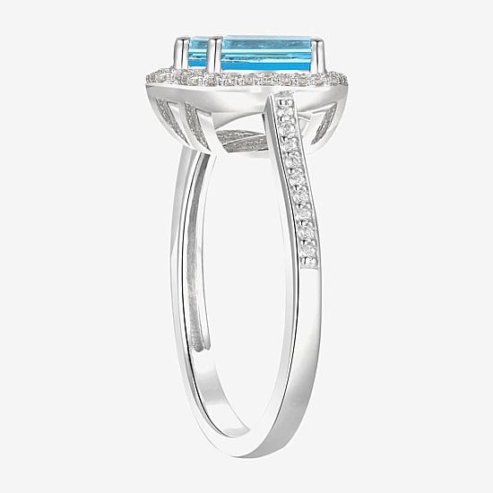 Womens Genuine Blue Topaz Sterling Silver Halo Side Stone Cocktail Ring