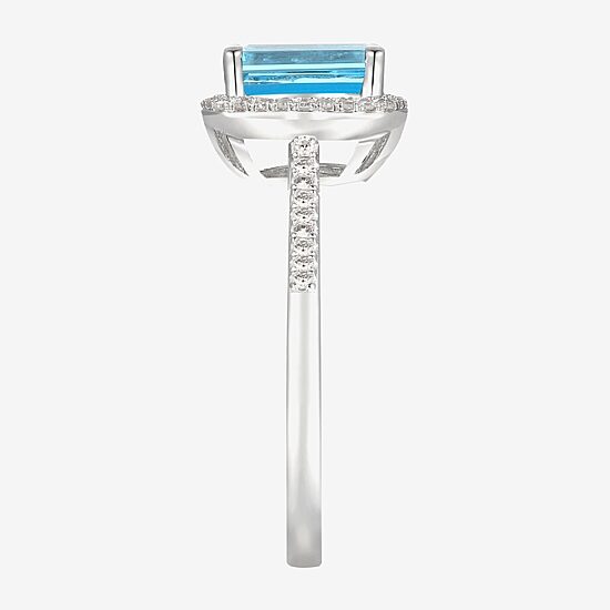 Womens Genuine Blue Topaz Sterling Silver Halo Side Stone Cocktail Ring