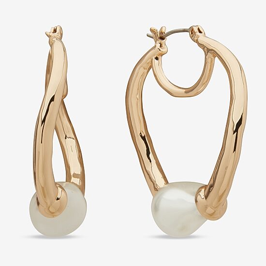 Worthington Gold Tone Womens Simulated Pearl 37.1mm Hoop Earrings