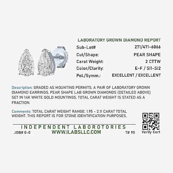 ( E-F/Si1-Si2 ) 2 CT. T.W. Lab-Grown Diamond 14K Gold 8.8mm Pear Stud Earrings