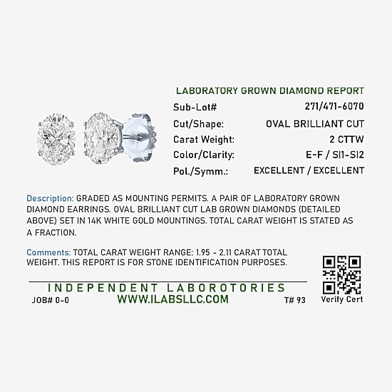 ( E-F/Si1-Si2 ) 2 CT. T.W. Lab-Grown Diamond 14K Gold 8mm Oval Stud Earrings