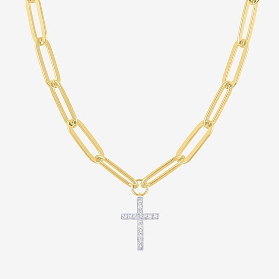 Cross (G-H, Si2-I1) Womens 1/10 CT. T.W. Lab Grown White Diamond 14K Gold Over Silver Cross 18 Inch Pendant Necklace