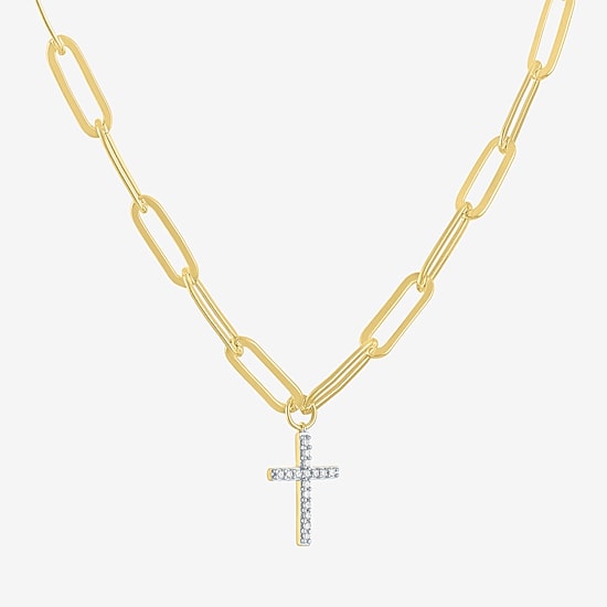 Cross (G-H, Si2-I1) Womens 1/10 CT. T.W. Lab Grown White Diamond 14K Gold Over Silver Cross 18 Inch Pendant Necklace