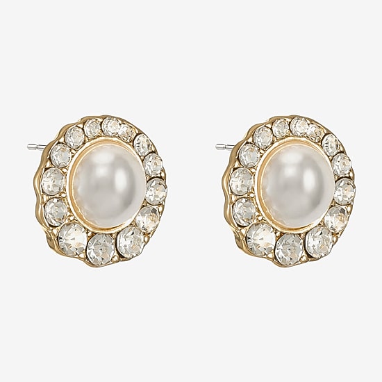 Monet Jewelry Gold Tone Halo Glass Simulated Pearl 10mm Round Stud Earrings