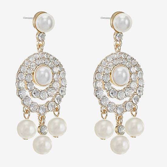 Monet Jewelry Gold Tone Halo Womens Glass Simulated Pearl Round Hypoallergenic Chandelier Earrings