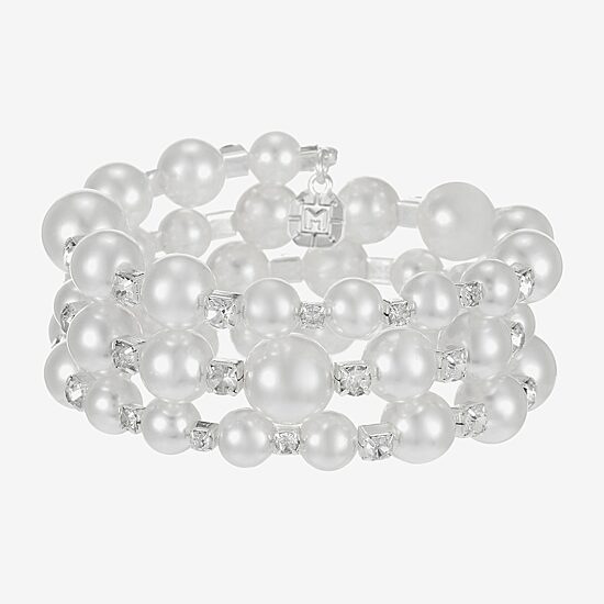 Monet Jewelry Timeless Silver Tone Beaded Coil Womens Glass Wrap Bracelet