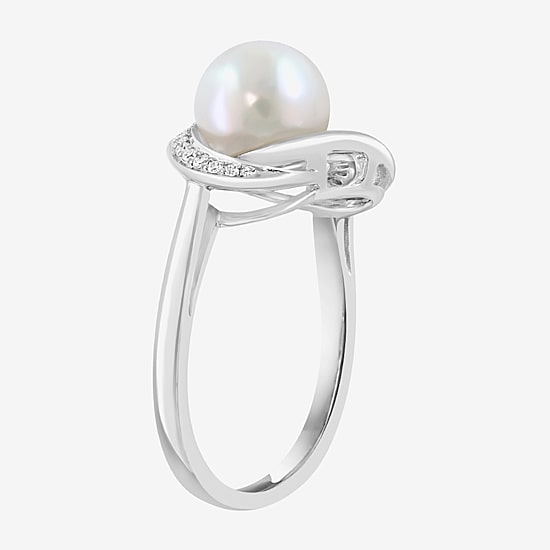 Effy Final Call Limited Quantities! Womens Diamond Accent 7-7.5MM Genuine White Cultured Freshwater Pearl 14K Gold Round Cocktail Ring