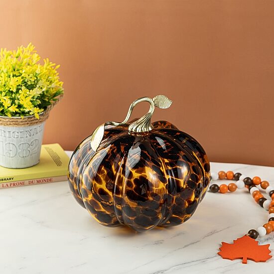 Glitzhome 10"D Amber Dots Glass Pumpkin Tabletop Decor