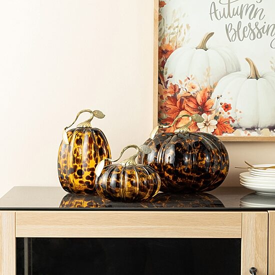Glitzhome 10"D Amber Dots Glass Pumpkin Tabletop Decor