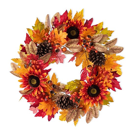 Glitzhome 24"D Fall Sunflower, Pinecone And Berry Wreath Thanksgiving Tabletop Decor
