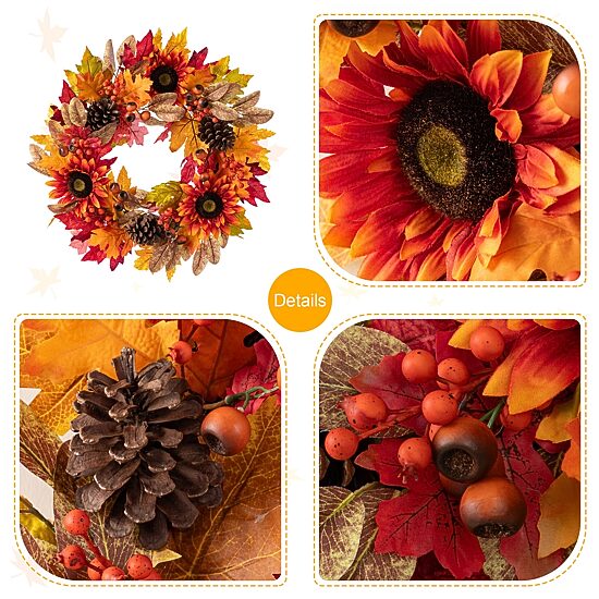 Glitzhome 24"D Fall Sunflower, Pinecone And Berry Wreath Thanksgiving Tabletop Decor