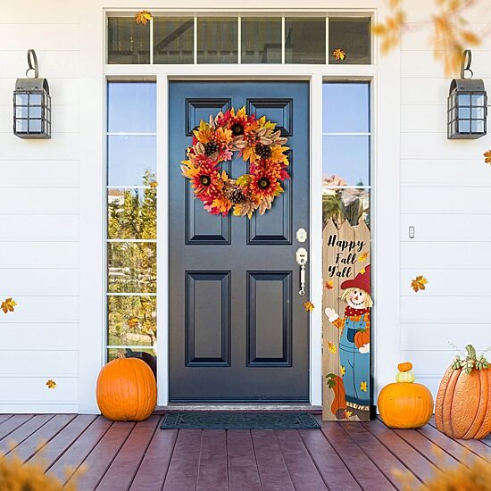 Glitzhome 24"D Fall Sunflower, Pinecone And Berry Wreath Thanksgiving Tabletop Decor