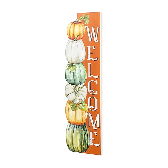 Glitzhome 42"H Lighted Fall Wood Stacked Pumpkins Welcome Porch Sign