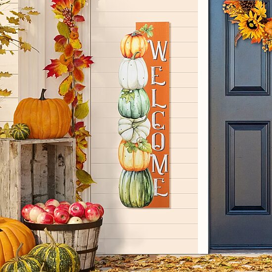 Glitzhome 42"H Lighted Fall Wood Stacked Pumpkins Welcome Porch Sign