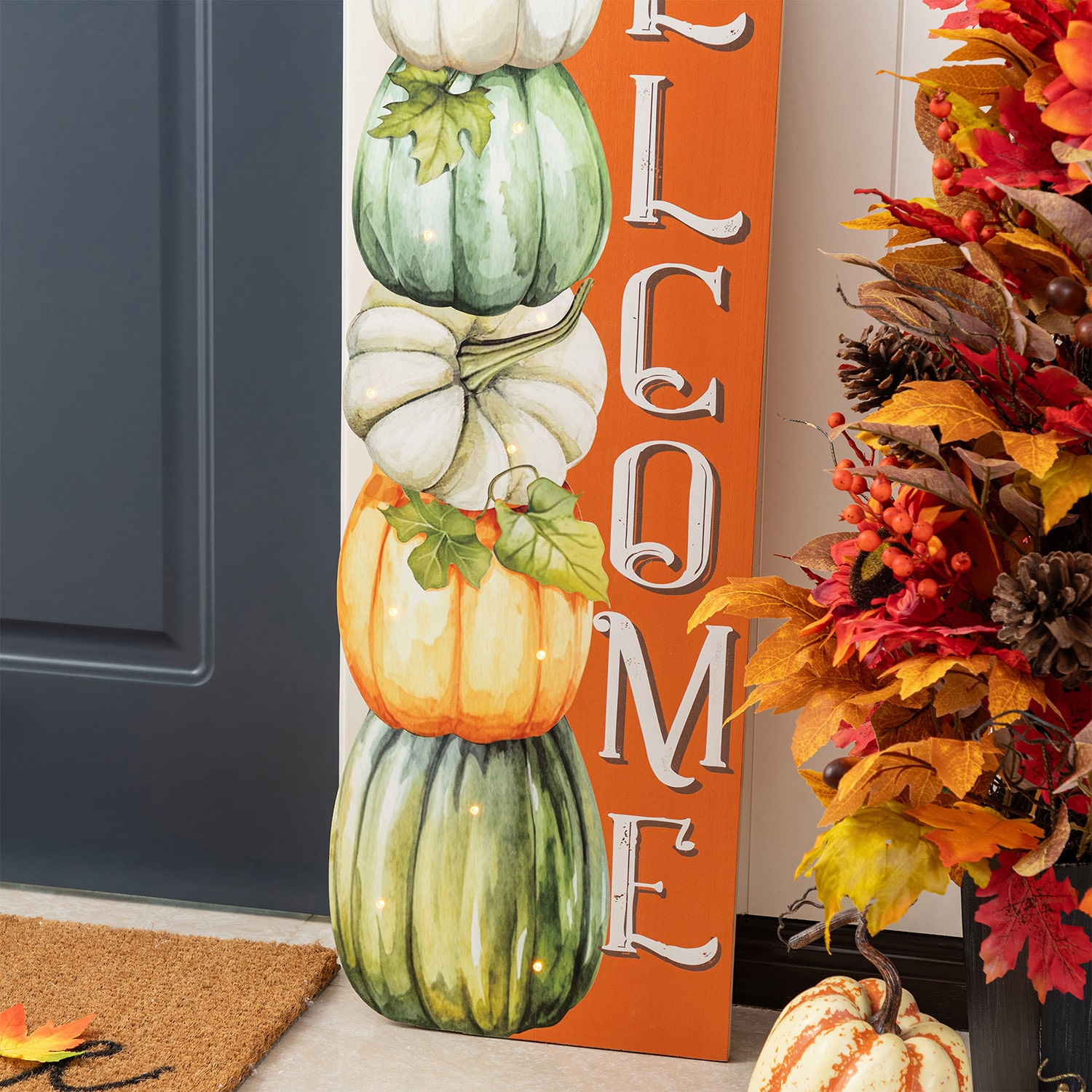 Glitzhome 42"H Lighted Fall Wood Stacked Pumpkins Welcome Thanksgiving Porch Sign