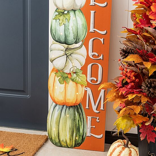 Glitzhome 42"H Lighted Fall Wood Stacked Pumpkins Welcome Porch Sign