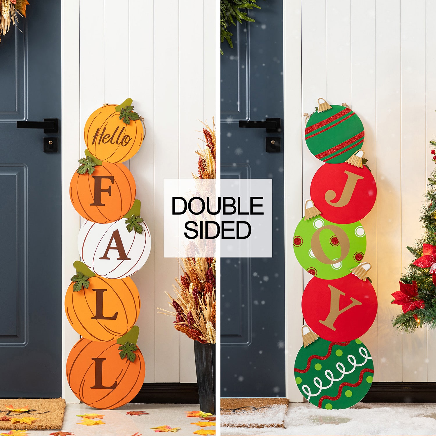 Glitzhome 42"H Fall And Christmas Double Sided Wooden Pumpkin And Ornament Thanksgiving Porch Sign