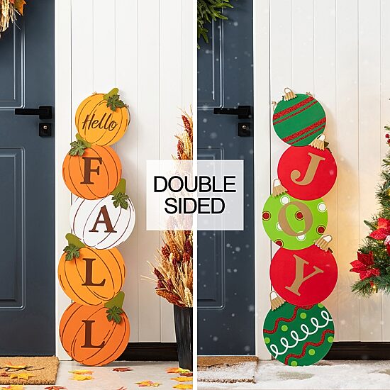 Glitzhome 42"H Fall And Christmas Double Sided Wooden Pumpkin And Ornament Porch Sign