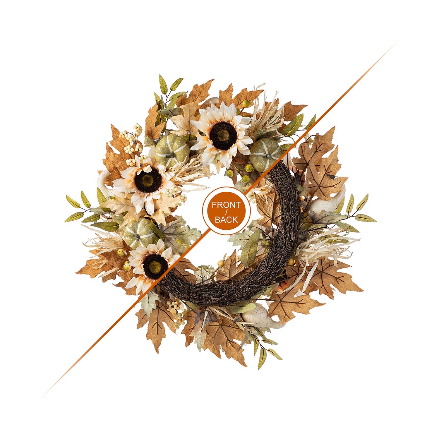 Glitzhome 24"D Fall Neutral Sunflower, Pumpkin And Leaf Wreath Thanksgiving Tabletop Decor