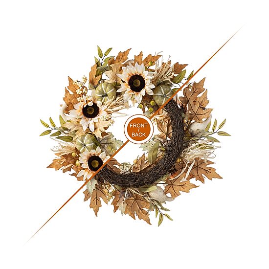 Glitzhome 24"D Fall Neutral Sunflower, Pumpkin And Leaf Wreath Thanksgiving Tabletop Decor
