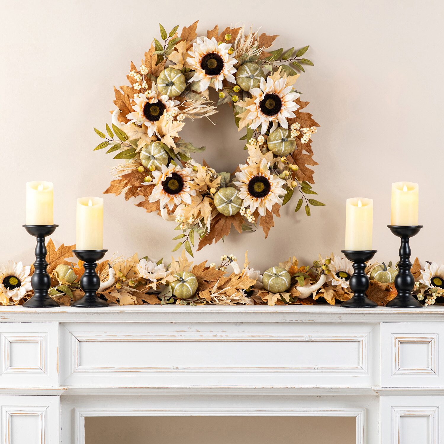 Glitzhome 24"D Fall Neutral Sunflower, Pumpkin And Leaf Wreath Thanksgiving Tabletop Decor