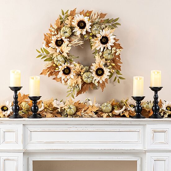 Glitzhome 24"D Fall Neutral Sunflower, Pumpkin And Leaf Wreath Thanksgiving Tabletop Decor
