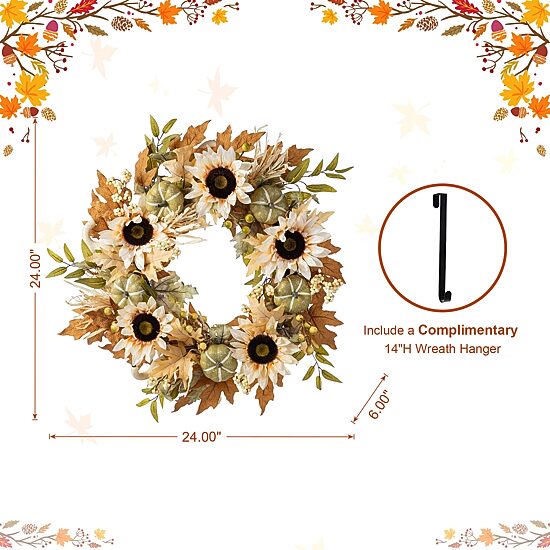 Glitzhome 24"D Fall Neutral Sunflower, Pumpkin And Leaf Wreath Thanksgiving Tabletop Decor