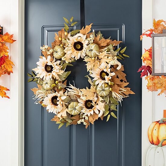 Glitzhome 24"D Fall Neutral Sunflower, Pumpkin And Leaf Wreath Thanksgiving Tabletop Decor