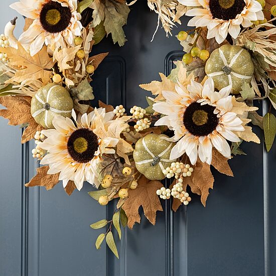 Glitzhome 24"D Fall Neutral Sunflower, Pumpkin And Leaf Wreath Thanksgiving Tabletop Decor