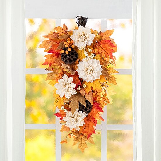 Glitzhome 28"H Fall Lotus, Lotus Pod And Berry Swag Tabletop Decor