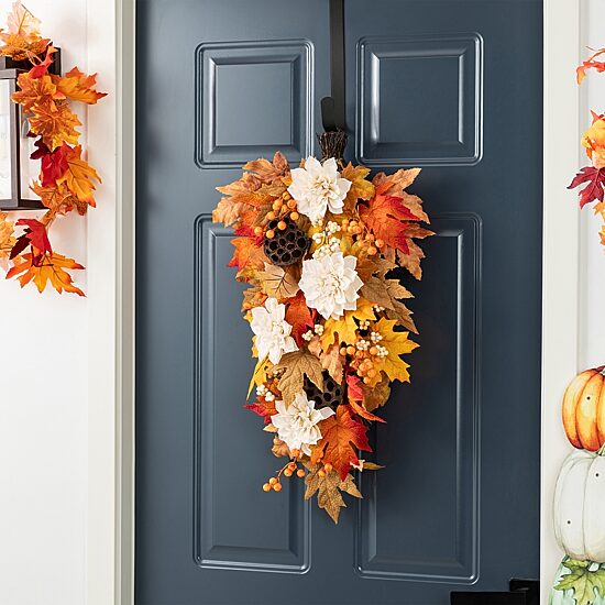 Glitzhome 28"H Fall Lotus, Lotus Pod And Berry Swag Tabletop Decor