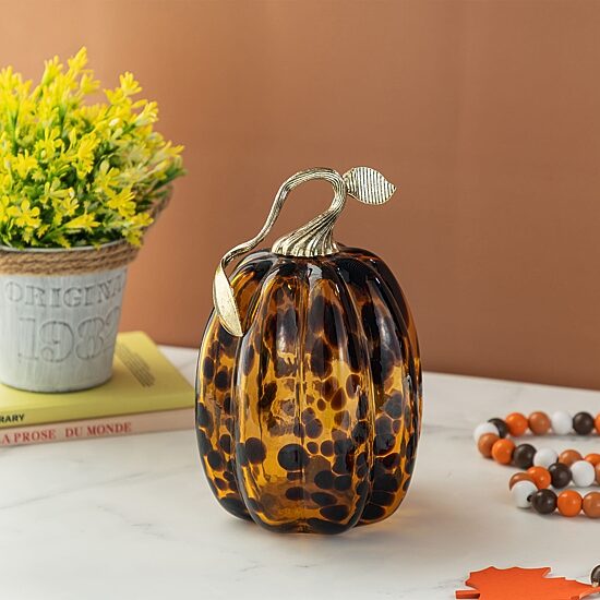 Glitzhome 8"H Amber Dots Glass Pumpkin Thanksgiving Tabletop Decor