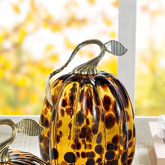 Glitzhome 8"H Amber Dots Glass Pumpkin Thanksgiving Tabletop Decor
