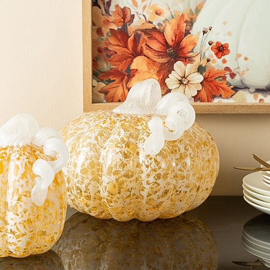 Glitzhome 9"D Fall Amber Dots Glass Large Pumpkin Thanksgiving Tabletop Decor