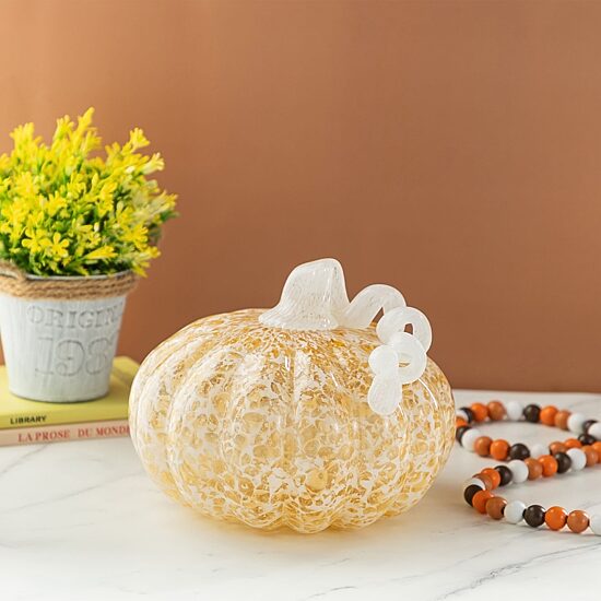 Glitzhome 9"D Fall Amber Dots Glass Large Pumpkin Thanksgiving Tabletop Decor