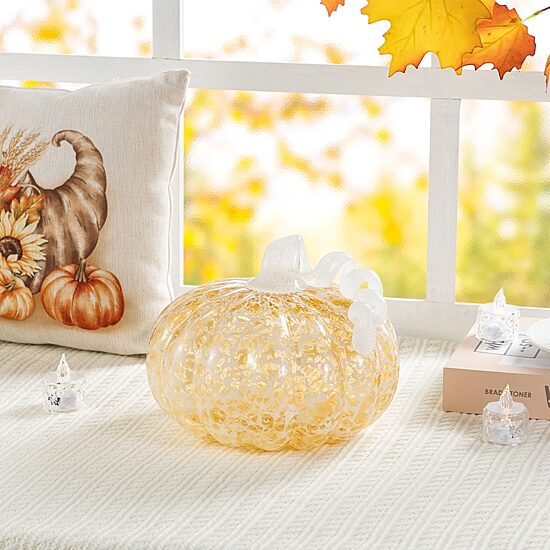 Glitzhome 9"D Fall Amber Dots Glass Large Pumpkin Thanksgiving Tabletop Decor