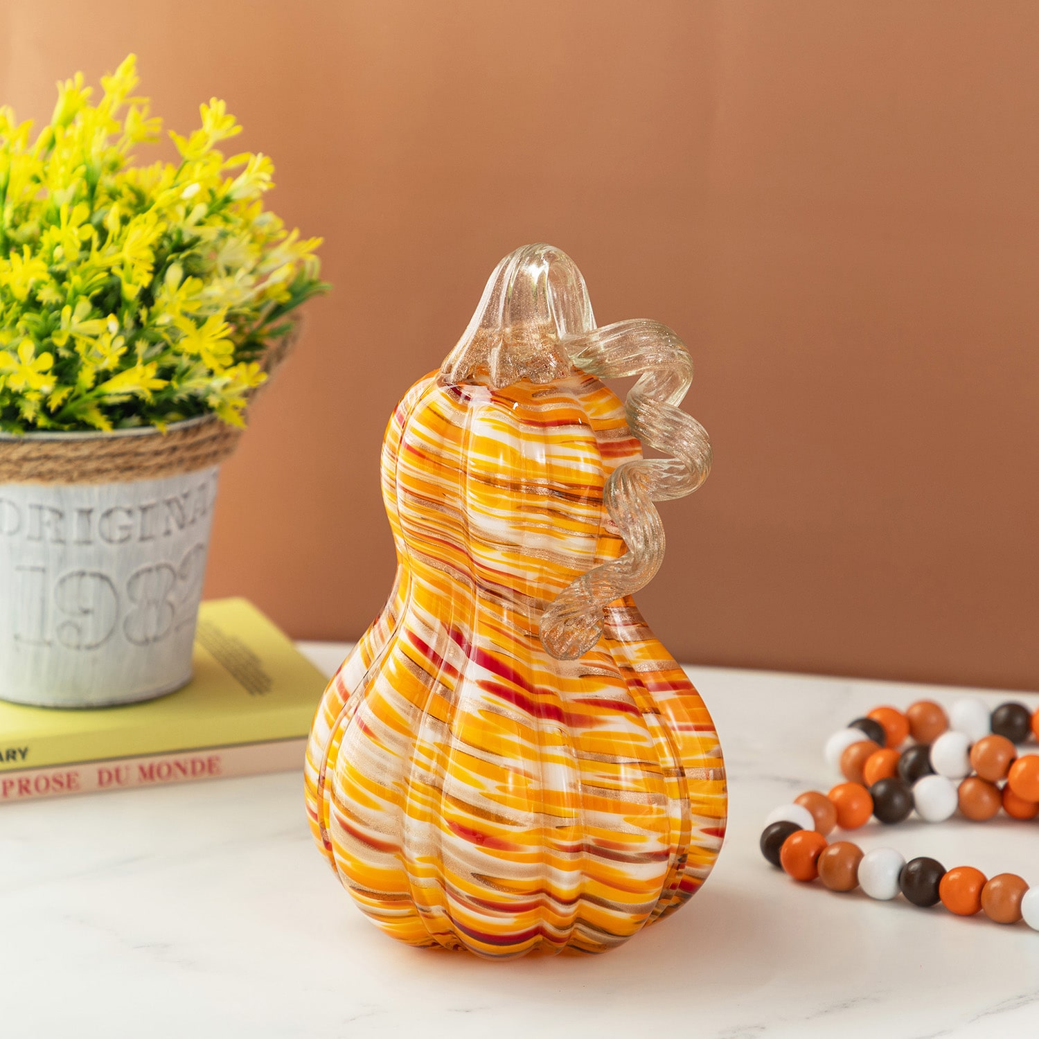Glitzhome 9"H Fall Multi Stripes Glass Gourd Thanksgiving Tabletop Decor