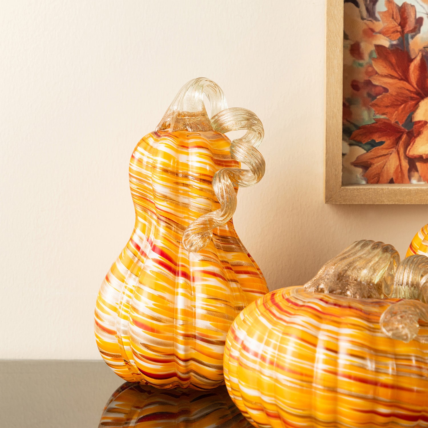 Glitzhome 9"H Fall Multi Stripes Glass Gourd Thanksgiving Tabletop Decor