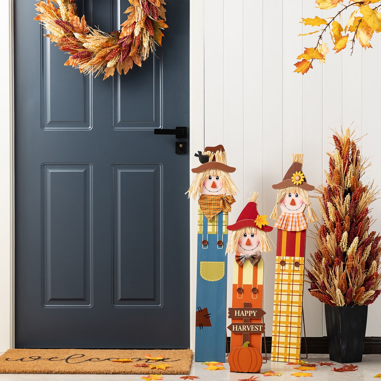 Glitzhome 36"H Fall Wood Sacrecrow Family Porch Decor Thanksgiving Porch Sign