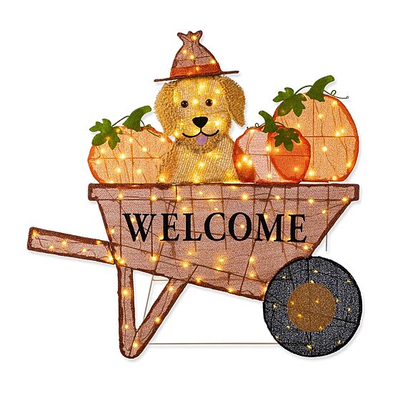 Glitzhome 37"L Lighted Fall Pumpkin Wheel Barrow Thanksgiving Inflatable