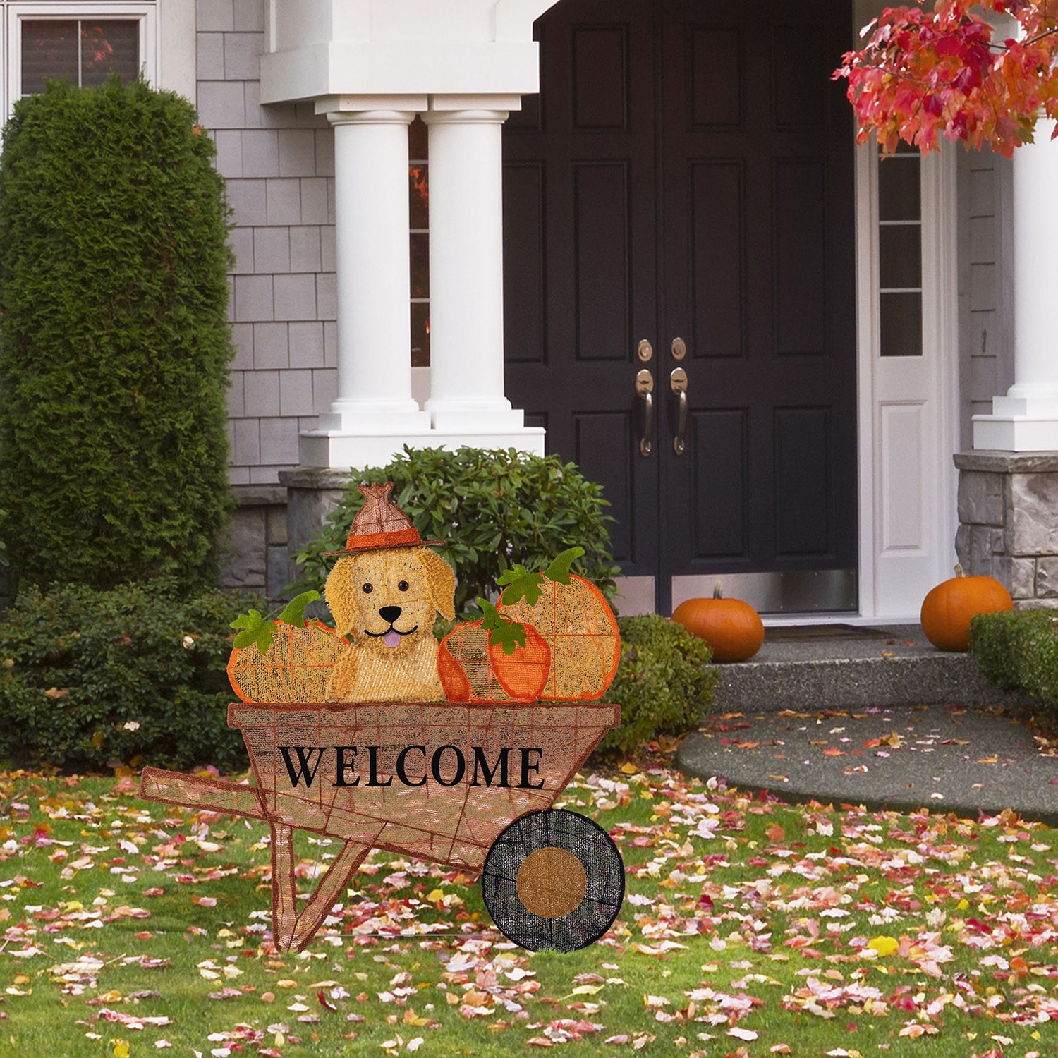 Glitzhome 37"L Lighted Fall Pumpkin Wheel Barrow Thanksgiving Inflatable