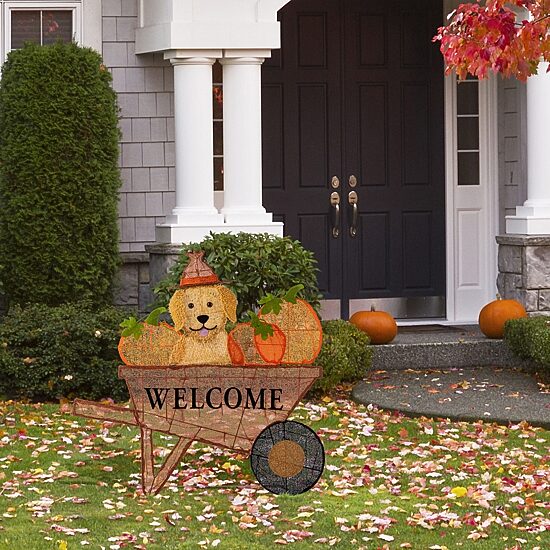 Glitzhome 37"L Lighted Fall Pumpkin Wheel Barrow Thanksgiving Inflatable